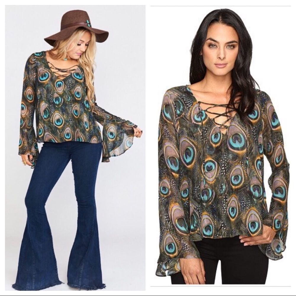 Show Me Your Mumu Zuko Feather Top Lace Up Bell Sleeve Boho Blouse NWT S